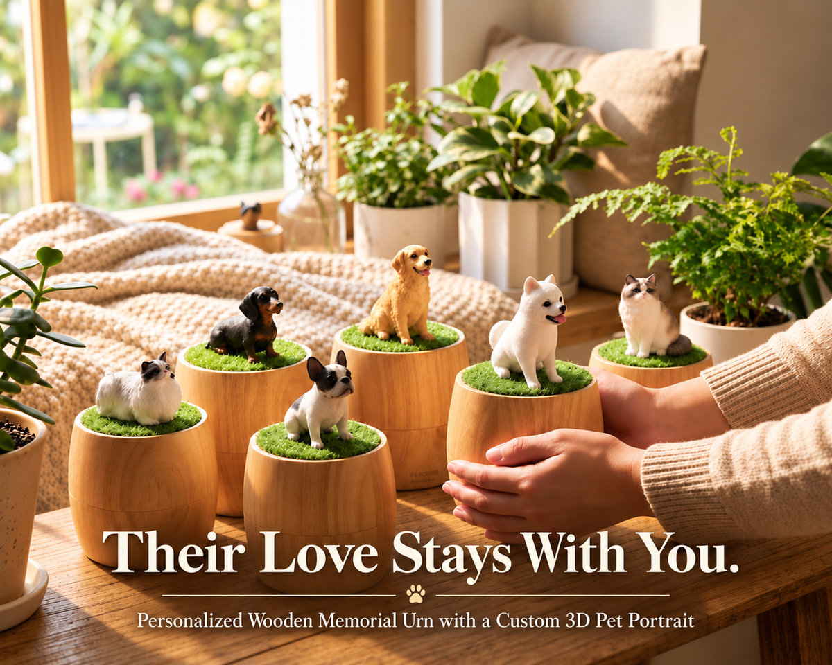 Personalized Wooden Pet Memorial Urn with Custom 3D Pet Portrait